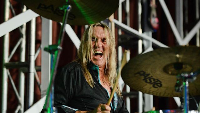 Iron Maiden drummer Nicko McBrain behind the kit