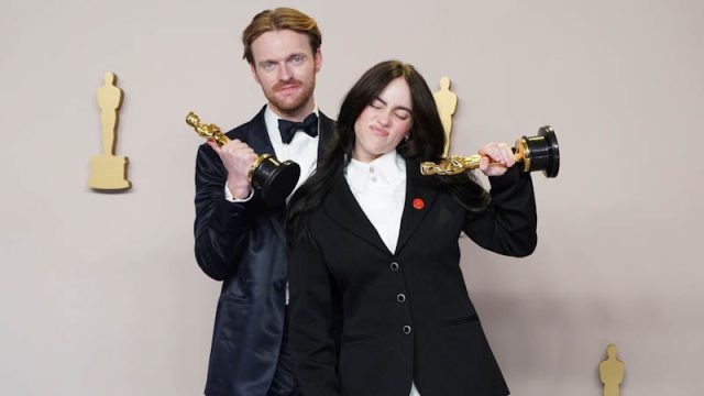 Finneas O'Connell, left, and Billie Eilish pose in the press room with the award for best original song for What Was I Made For? from Barbie at the Oscars on Sunday, March 10, 2024, at the Dolby Theatre in Los Angeles